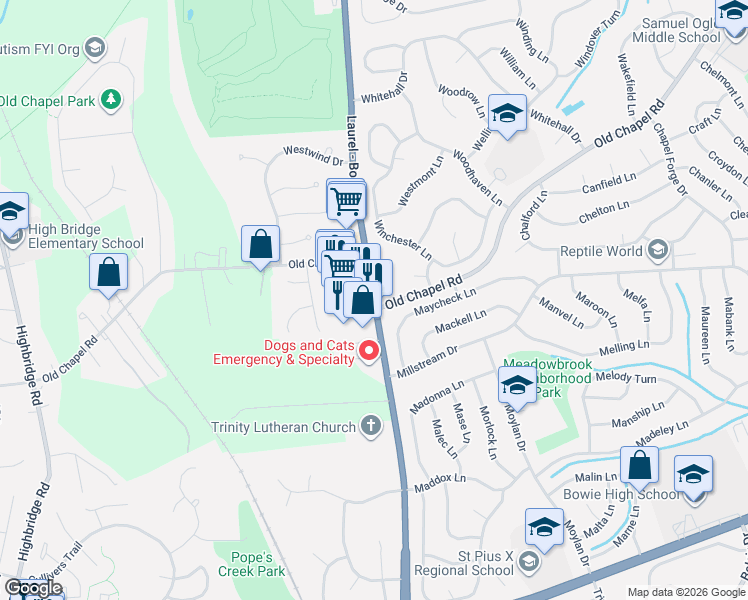 map of restaurants, bars, coffee shops, grocery stores, and more near 6926 Laurel Bowie Road in Bowie