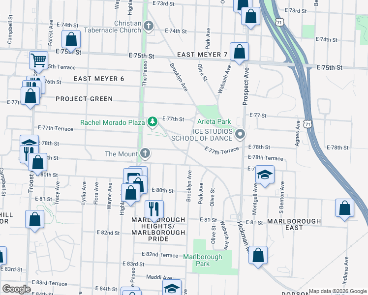 map of restaurants, bars, coffee shops, grocery stores, and more near 2120 East 78th Street in Kansas City
