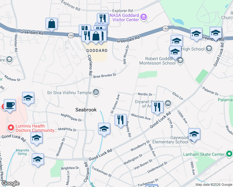map of restaurants, bars, coffee shops, grocery stores, and more near 8909 Orbit Lane in Lanham