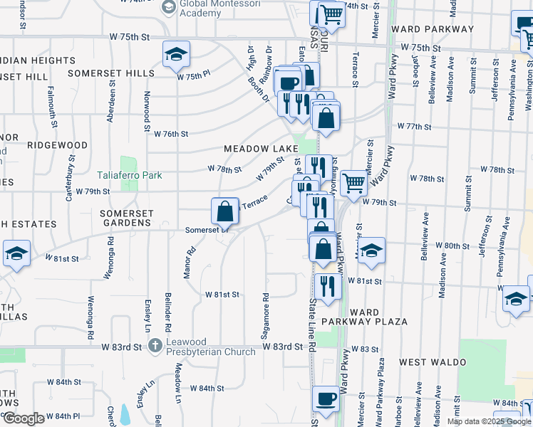 map of restaurants, bars, coffee shops, grocery stores, and more near 2212 Somerset Drive in Prairie Village
