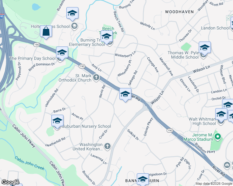 map of restaurants, bars, coffee shops, grocery stores, and more near 7516 Glenriddle Road in Bethesda