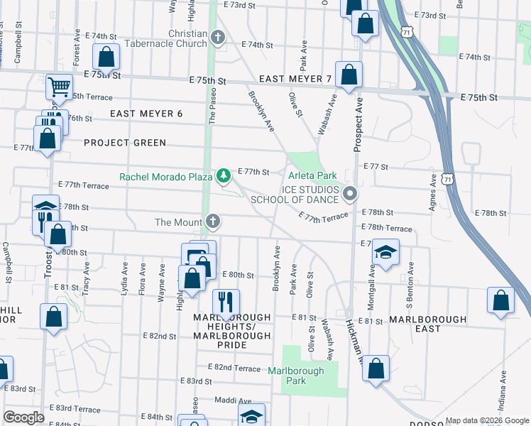 map of restaurants, bars, coffee shops, grocery stores, and more near 2120 East 78th Street in Kansas City