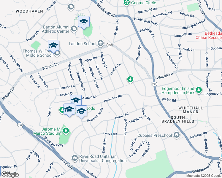 map of restaurants, bars, coffee shops, grocery stores, and more near 6013 Maiden Lane in Bethesda