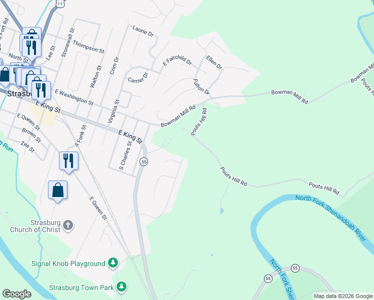 map of restaurants, bars, coffee shops, grocery stores, and more near 214 Pouts Hill Road in Strasburg