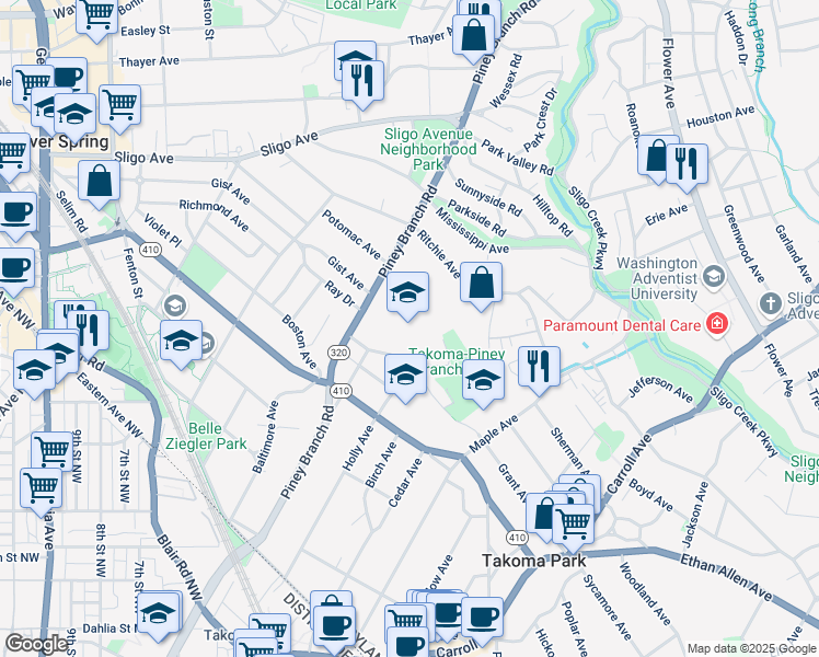 map of restaurants, bars, coffee shops, grocery stores, and more near 7611 Piney Branch Road in Takoma Park