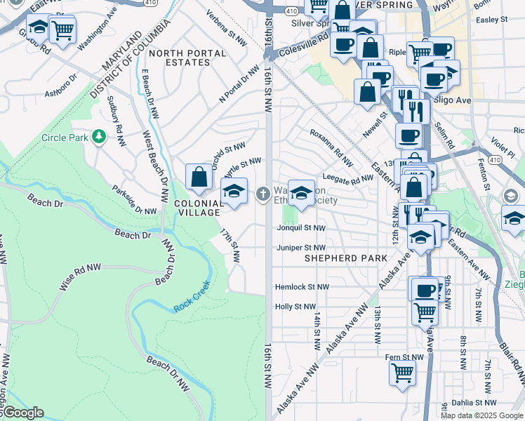map of restaurants, bars, coffee shops, grocery stores, and more near 7746 16th Street Northwest in Washington