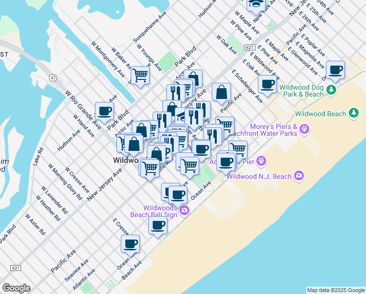 map of restaurants, bars, coffee shops, grocery stores, and more near 4442 Pacific Avenue in Wildwood