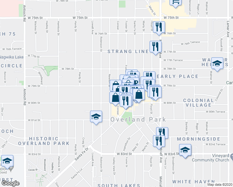 map of restaurants, bars, coffee shops, grocery stores, and more near 7920 Conser in Overland Park