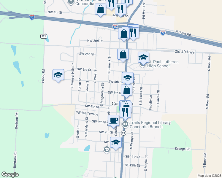 map of restaurants, bars, coffee shops, grocery stores, and more near 411 South Bismark Street in Concordia