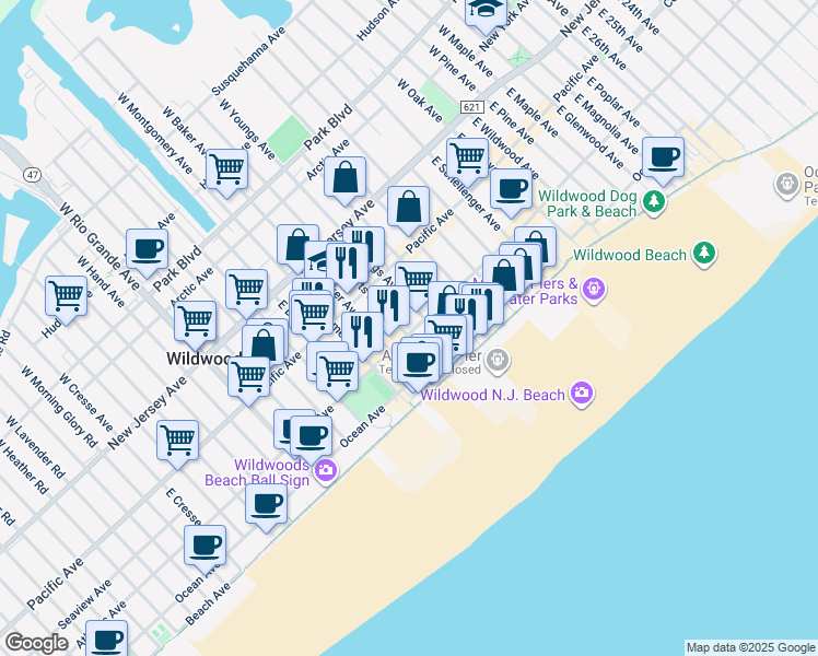 map of restaurants, bars, coffee shops, grocery stores, and more near 4110 Atlantic Avenue in Wildwood