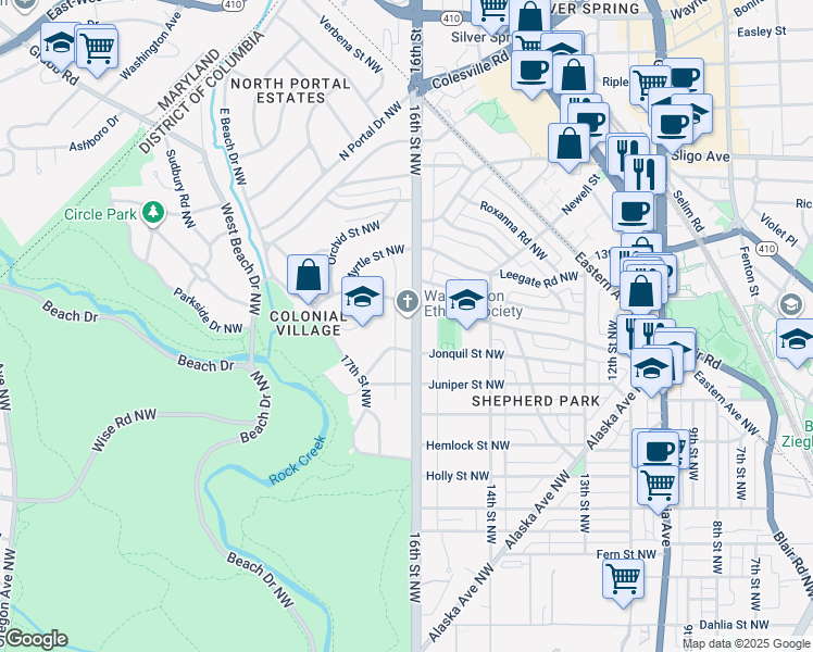 map of restaurants, bars, coffee shops, grocery stores, and more near 7746 16th Street Northwest in Washington