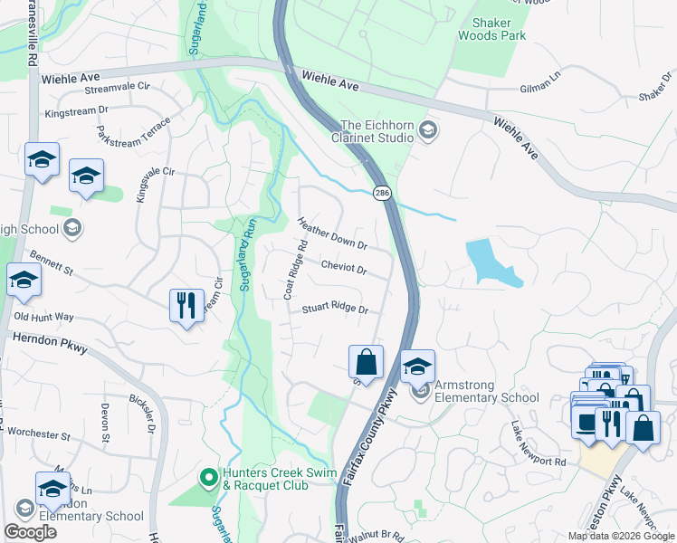 map of restaurants, bars, coffee shops, grocery stores, and more near 12019 Cheviot Drive in Herndon