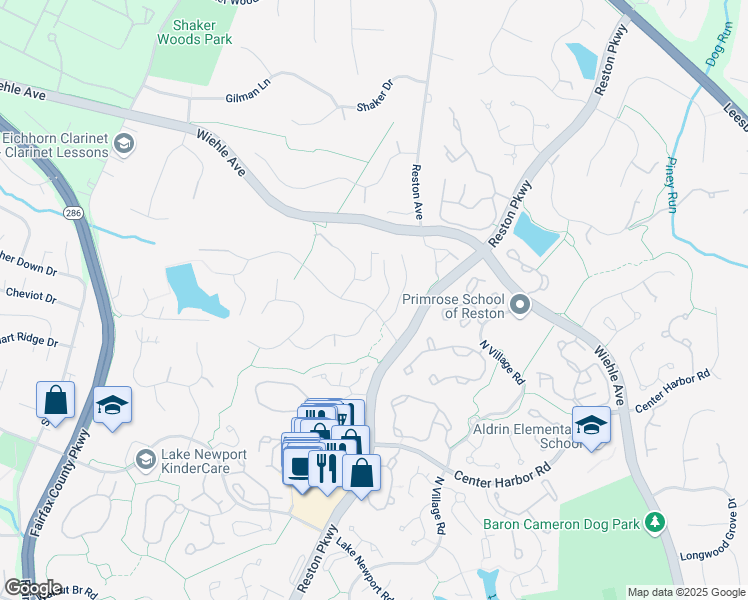 map of restaurants, bars, coffee shops, grocery stores, and more near 11604 Deer Forest Road in Reston