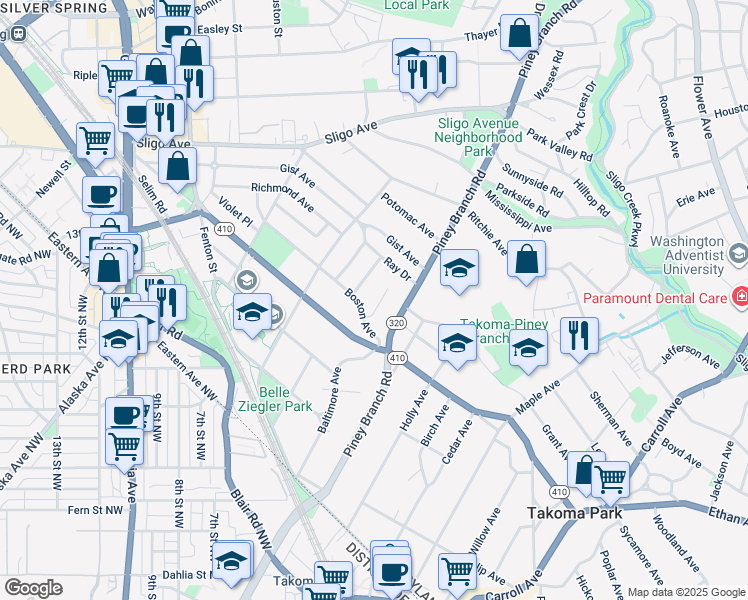 map of restaurants, bars, coffee shops, grocery stores, and more near 7508 Dundalk Road in Takoma Park
