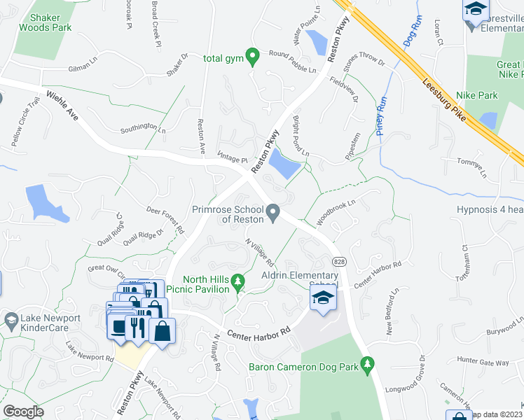 map of restaurants, bars, coffee shops, grocery stores, and more near 11401M Gate Hill Place in Reston