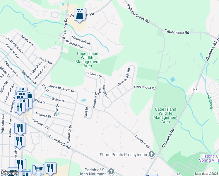 map of restaurants, bars, coffee shops, grocery stores, and more near 61 Capewoods Road in Cape May