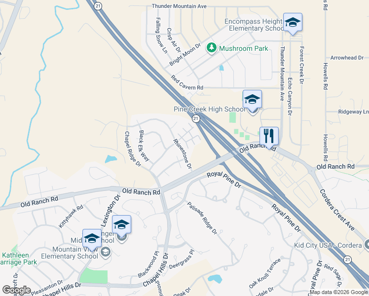 map of restaurants, bars, coffee shops, grocery stores, and more near 1061 Rhinestone Drive in Colorado Springs