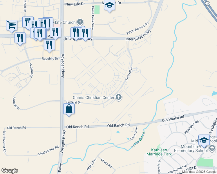 map of restaurants, bars, coffee shops, grocery stores, and more near 10285 Federal Drive in Colorado Springs