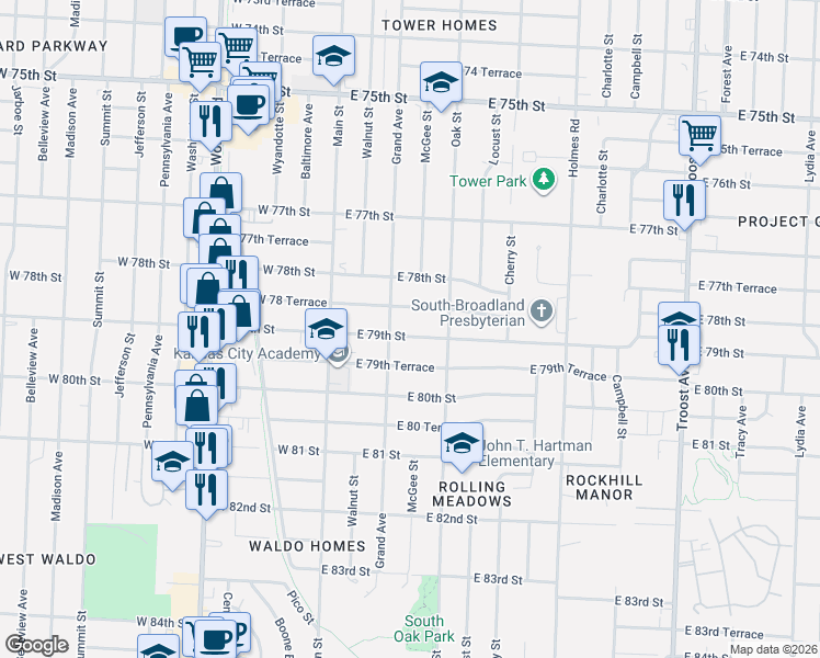 map of restaurants, bars, coffee shops, grocery stores, and more near 208 East 79th Street in Kansas City
