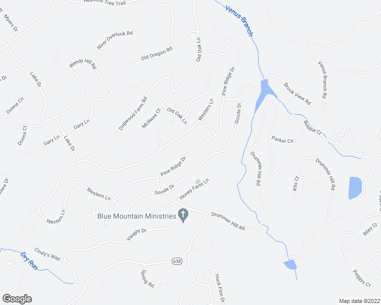 map of restaurants, bars, coffee shops, grocery stores, and more near Pine Ridge Drive in Warren County