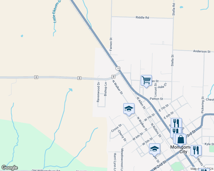 map of restaurants, bars, coffee shops, grocery stores, and more near 1070 Bishop Lane in Montgomery City
