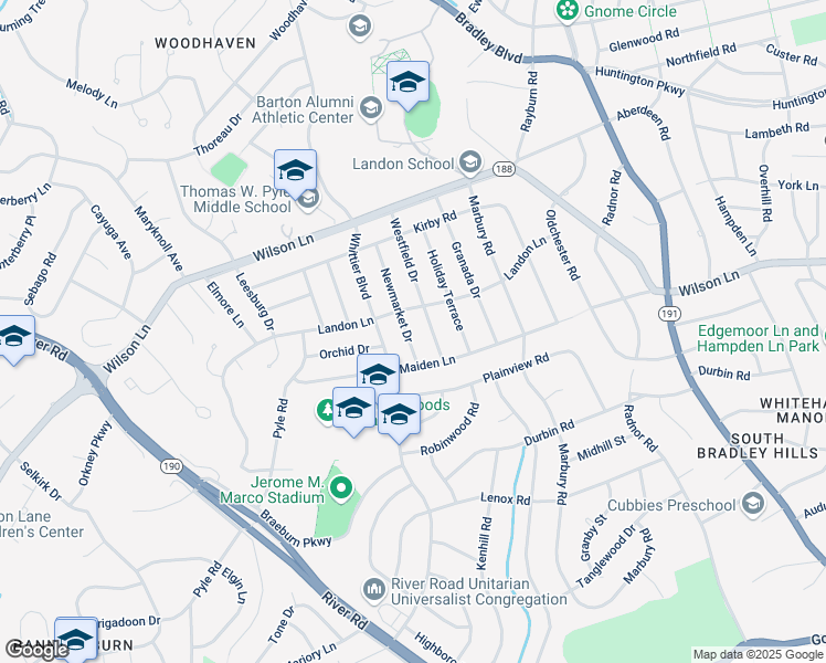 map of restaurants, bars, coffee shops, grocery stores, and more near 7511 Newmarket Drive in Bethesda