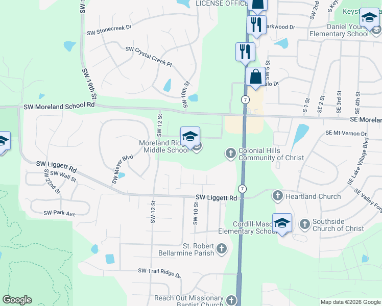 map of restaurants, bars, coffee shops, grocery stores, and more near 900 Southwest Bishop Drive in Blue Springs