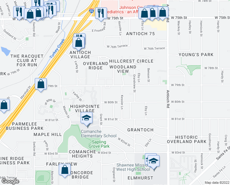 map of restaurants, bars, coffee shops, grocery stores, and more near 9227 West 79th Street in Overland Park