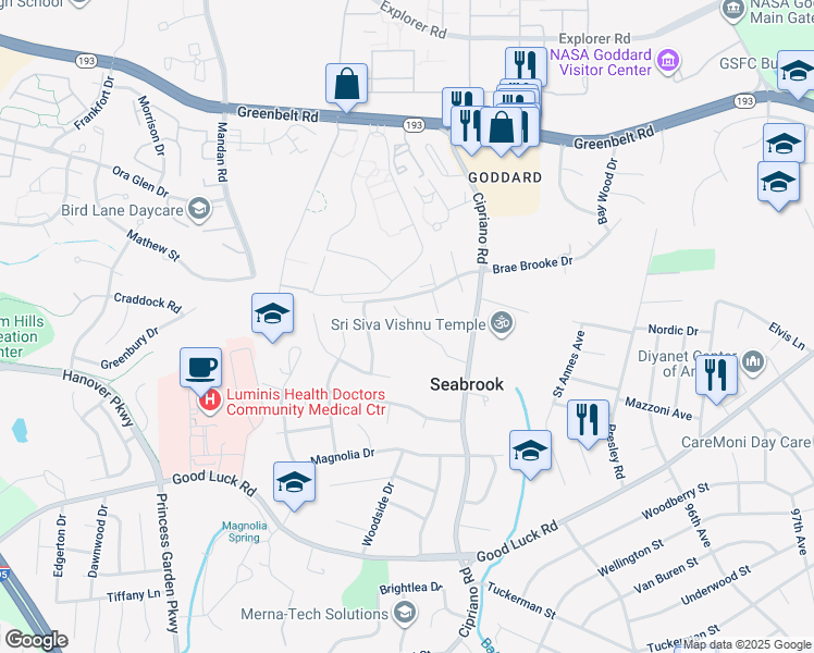 map of restaurants, bars, coffee shops, grocery stores, and more near 8683 Seasons Way in Lanham