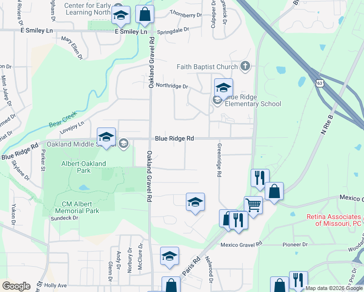 map of restaurants, bars, coffee shops, grocery stores, and more near 3405 North Ridgecrest Drive in Columbia