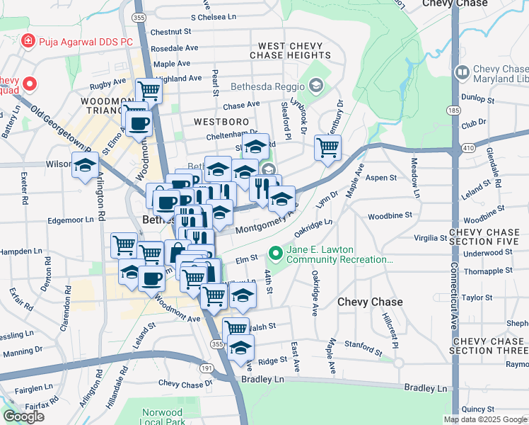 map of restaurants, bars, coffee shops, grocery stores, and more near 4350 East-West Highway in Bethesda