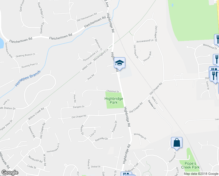 map of restaurants, bars, coffee shops, grocery stores, and more near 6908 Highbridge Road in Bowie