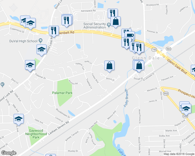 map of restaurants, bars, coffee shops, grocery stores, and more near 6911 Forbes Boulevard in Lanham