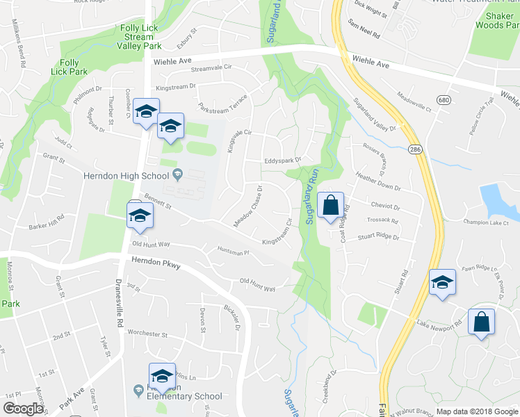 map of restaurants, bars, coffee shops, grocery stores, and more near 1511 Meadow Chase Drive in Herndon