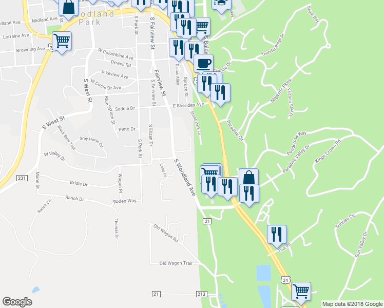 map of restaurants, bars, coffee shops, grocery stores, and more near 350 East Laura Lane in Woodland Park