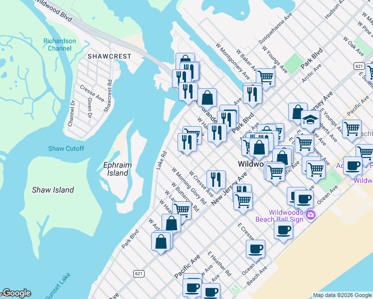 map of restaurants, bars, coffee shops, grocery stores, and more near 401 West Hildreth Avenue in Wildwood