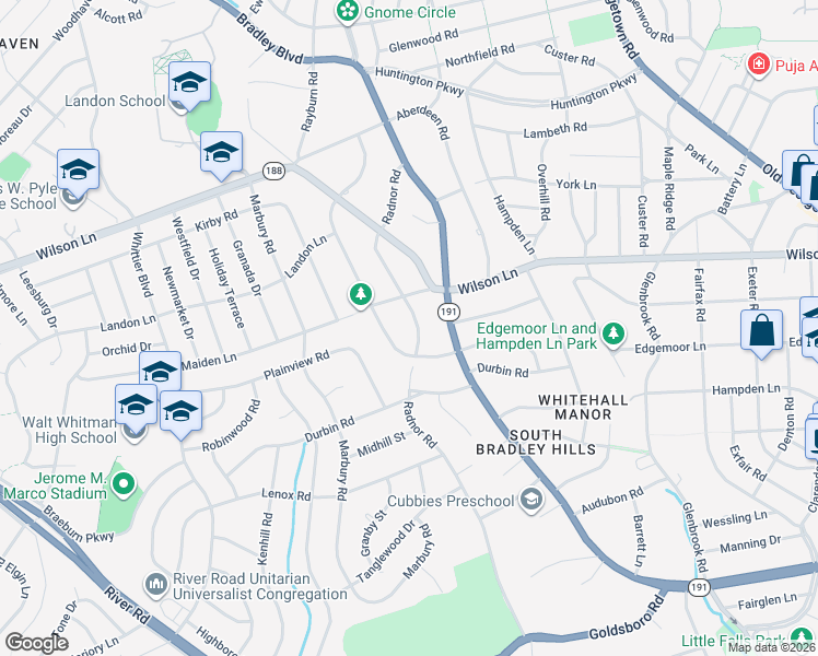 map of restaurants, bars, coffee shops, grocery stores, and more near 7512 Radnor Road in Bethesda