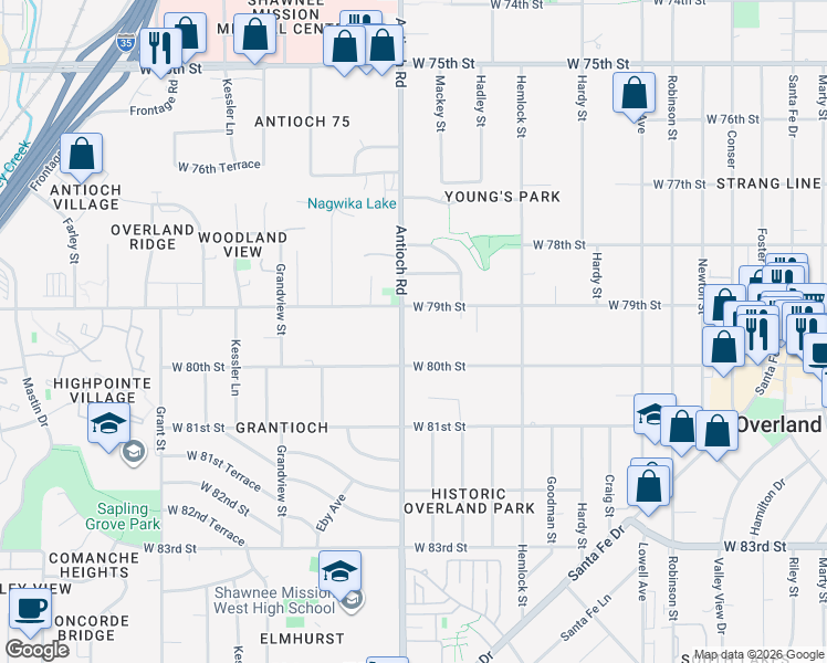 map of restaurants, bars, coffee shops, grocery stores, and more near 7919 Antioch Rd in Overland Park