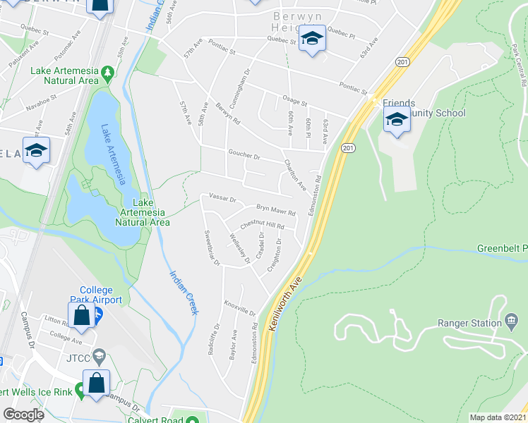 map of restaurants, bars, coffee shops, grocery stores, and more near 5819 Bryn Mawr Road in College Park