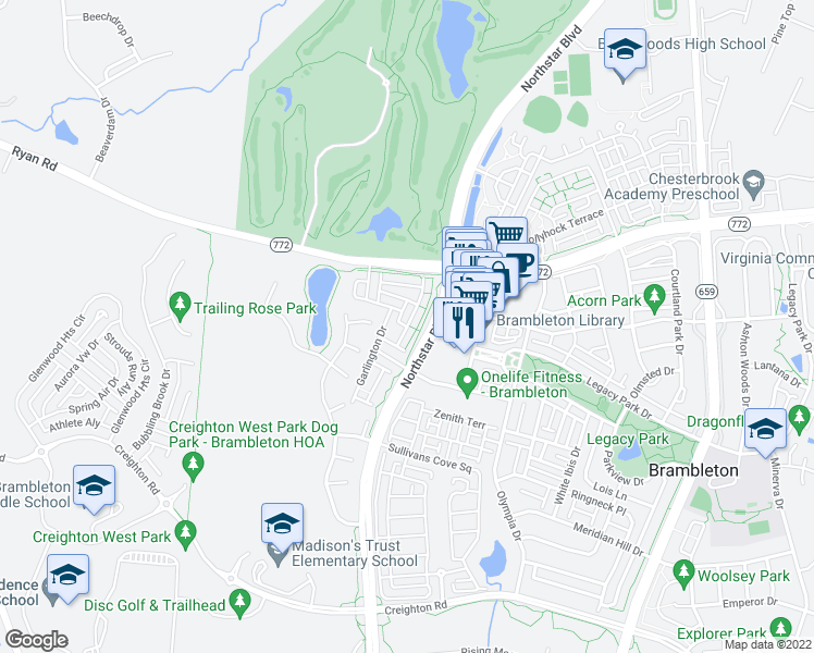 map of restaurants, bars, coffee shops, grocery stores, and more near Goldsborough Ter in Ashburn