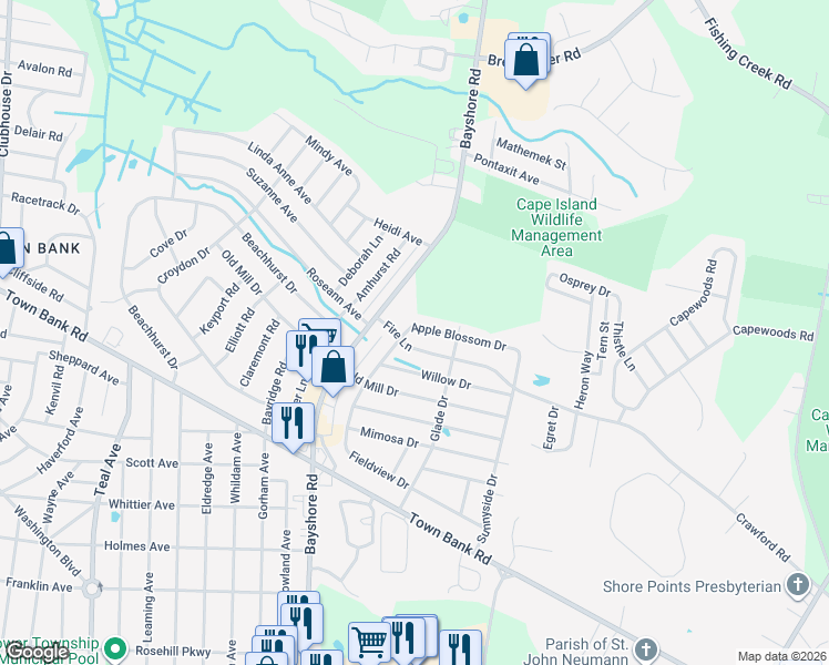 map of restaurants, bars, coffee shops, grocery stores, and more near 100 Apple Blossom Drive in North Cape May