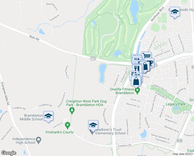 map of restaurants, bars, coffee shops, grocery stores, and more near 42160 Bunker Woods Place in Ashburn