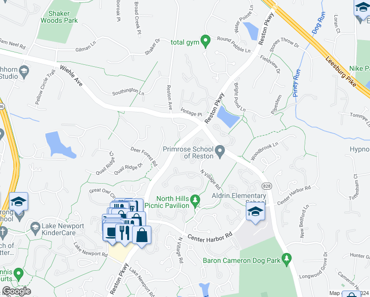 map of restaurants, bars, coffee shops, grocery stores, and more near 1305O Windleaf Drive in Reston