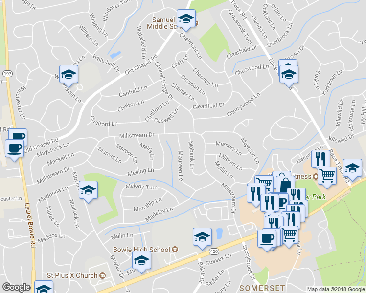 map of restaurants, bars, coffee shops, grocery stores, and more near 3611 Maureen Lane in Bowie