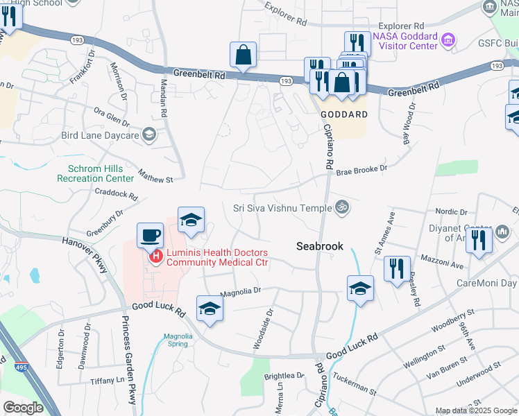 map of restaurants, bars, coffee shops, grocery stores, and more near 7013 Wren Lane in Lanham