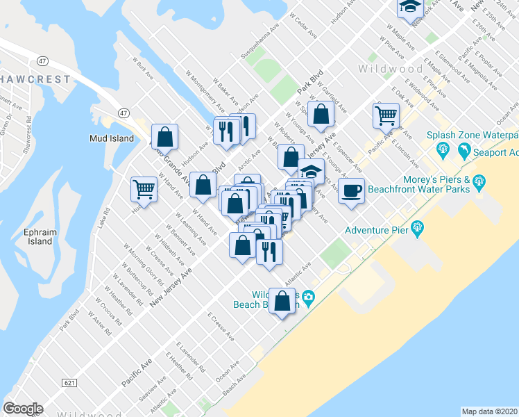 map of restaurants, bars, coffee shops, grocery stores, and more near 101 East Andrews Avenue in Wildwood