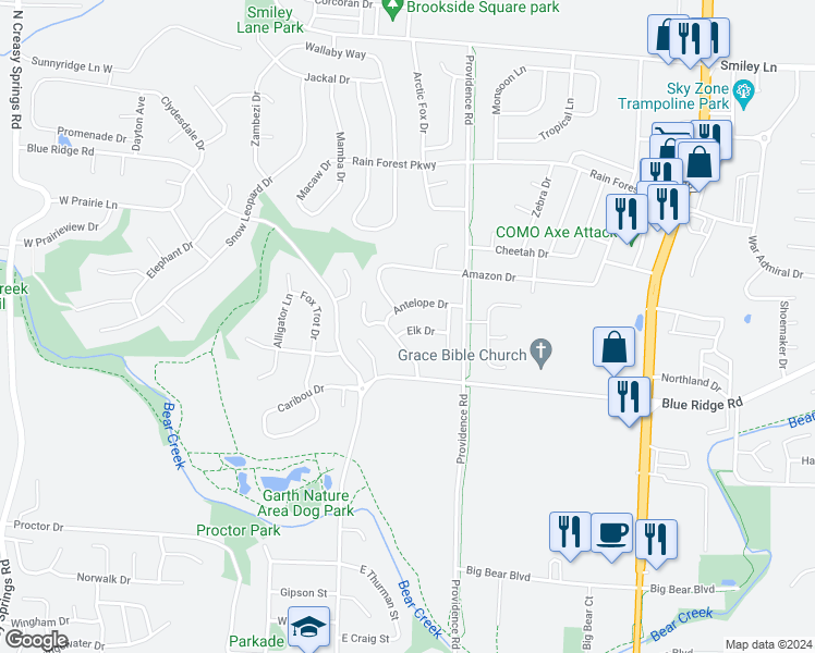 map of restaurants, bars, coffee shops, grocery stores, and more near 107 Elk Drive in Columbia