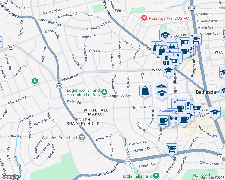 map of restaurants, bars, coffee shops, grocery stores, and more near 7504 Glenbrook Road in Bethesda