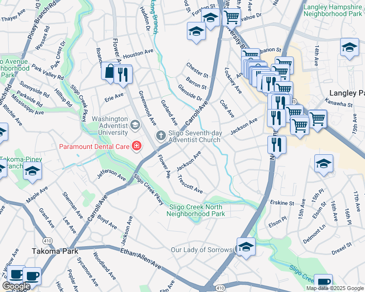 map of restaurants, bars, coffee shops, grocery stores, and more near 900 Davis Avenue in Takoma Park