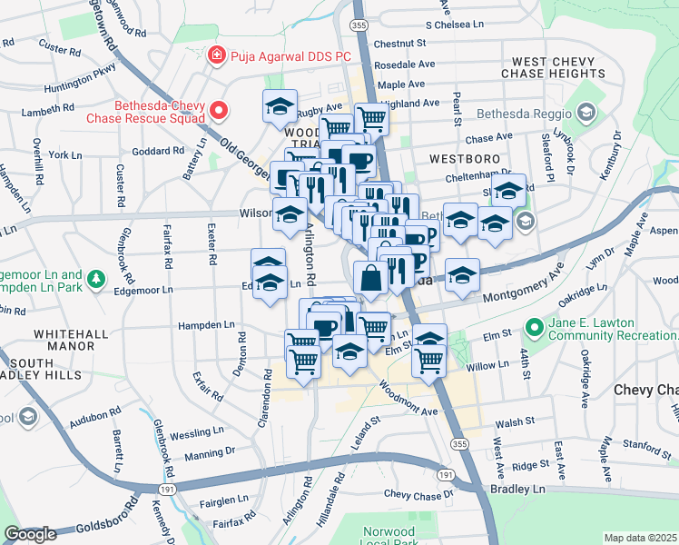 map of restaurants, bars, coffee shops, grocery stores, and more near 4885 Edgemoor Lane in Bethesda